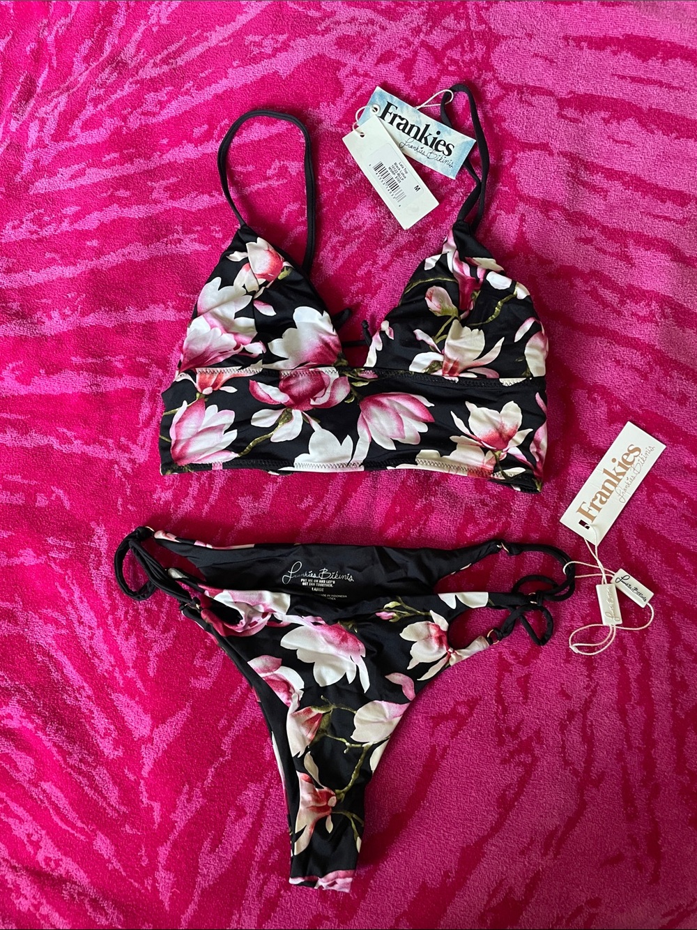 Frankie's Bikinis Black Floral Pink & White Tie-Side Bikini